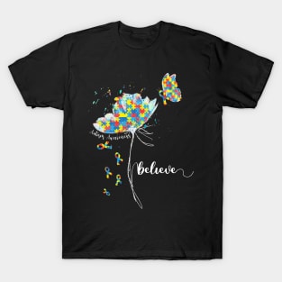 Womens Believe Flower-Butterfly Autism T-Shirt